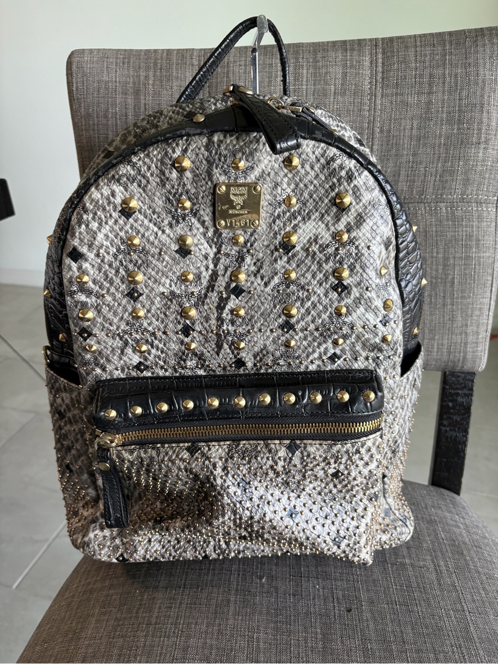MCM Visetos Studded Mini Backpack - Black & Beige Snakeskin